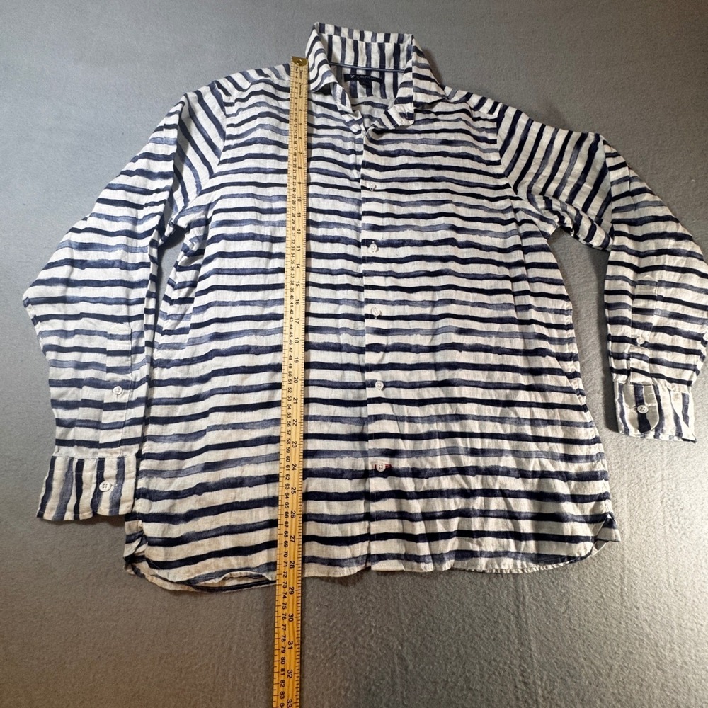 Cremeux 100% Linen Blue White Striped Button Front Shirt Long Sleeve - Picture 3 of 8